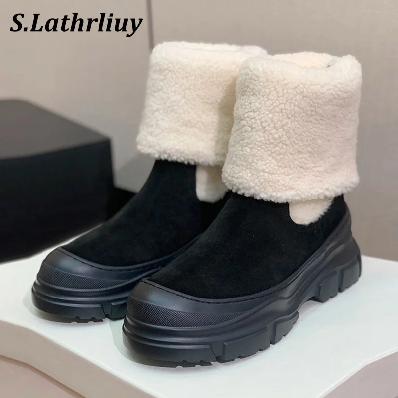 

Winter Warm Fur Snow Botas Women's Patchwork Thick Bottom Turned-over Edge Fashion Mid Calf Boots Wool Lining Casual Short Boots