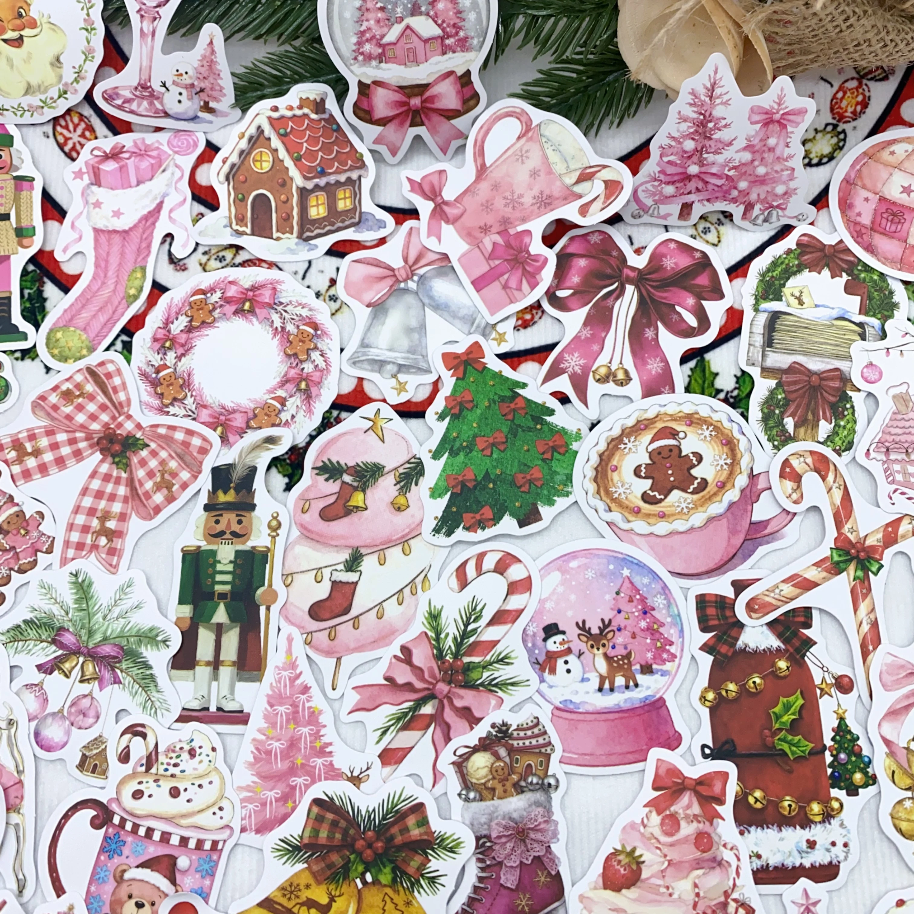 

50pcs Pink Christmas Cartoon Sticker,Vintage Aesthetic Doodle Decals with Irregular Shapes & Multicolor Cartoon Art Suitable for