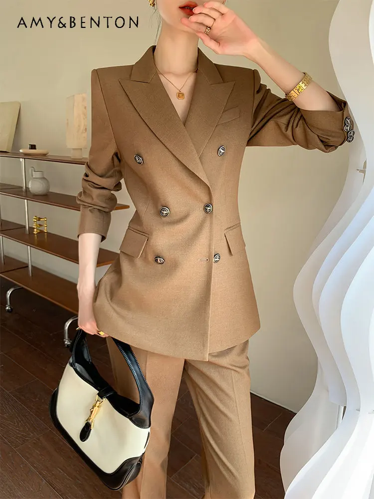 Casual Suit Women's 2023 Autumn and Winter New Fashion Slimming Elegant High Sense British Style Coat + Wide Leg Pants Outfits