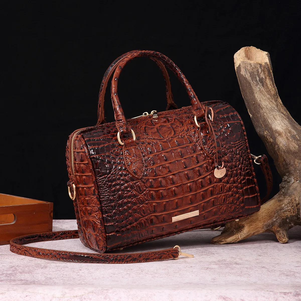 Ombre Crocodile Embossed Boston Handbag Classic Style Crossbody Bag Women's Leather Satchel Purse