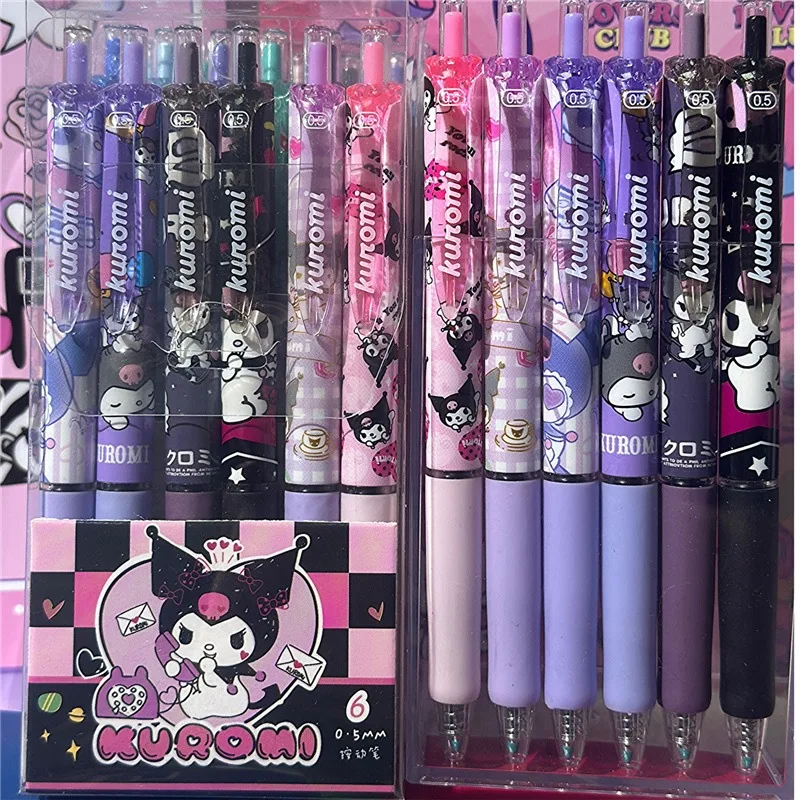 6Pcs Cartoon Sanrio Gel Pen Hello Kitty Kuromi ST Quick Drying Black 0.5mm Press The Ballpoint Pen Learning Stationery Gifts