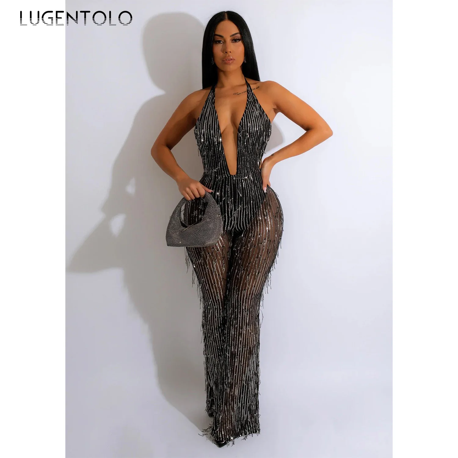 

Women Sequins Tassel Halter Deep V-neck Backless Straight Sleeveless Jumpsuit Sexy Party Club One Piece Suit Playsuit