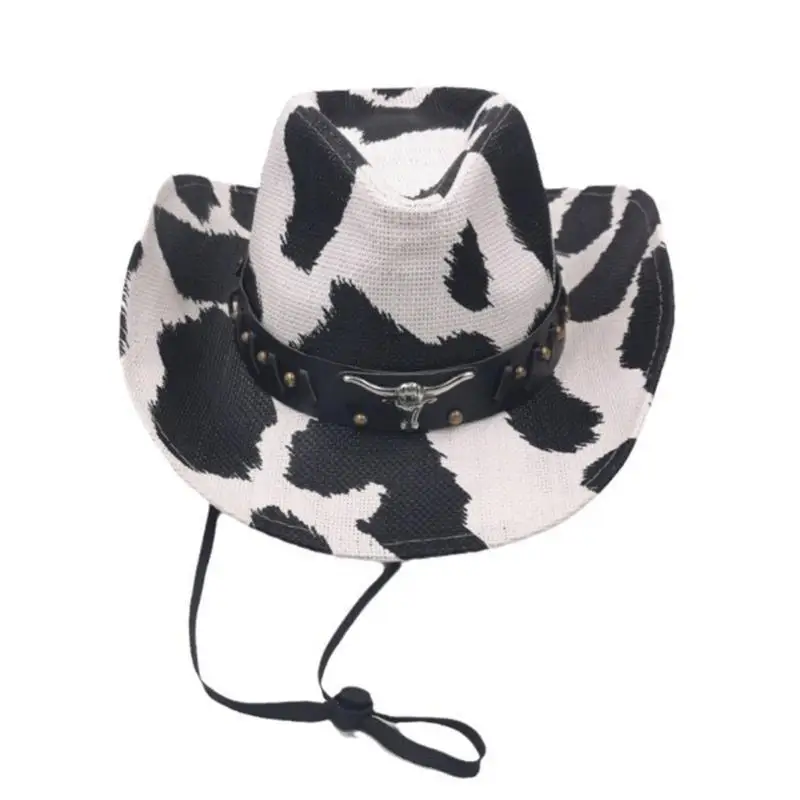 39BD Fashion Rolled Brims Cowboy Hat with Cow Pattern Woman Banquets Party Hat