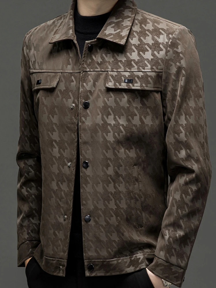 2026 Autumn Winter Fashionable Mens Jacket Leather Coat Classic Houndstooth Printing Jackets Outdoor Casual Zip-up Lapel Outwear