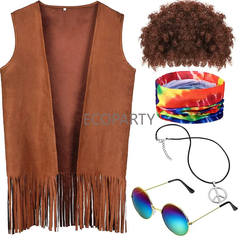 

2023 Skin-tight Garment Cos Hippie Tassel Vest Tie Dye Headband 60s 70s Men and Women Party Cosplay Stage Performance Clothes