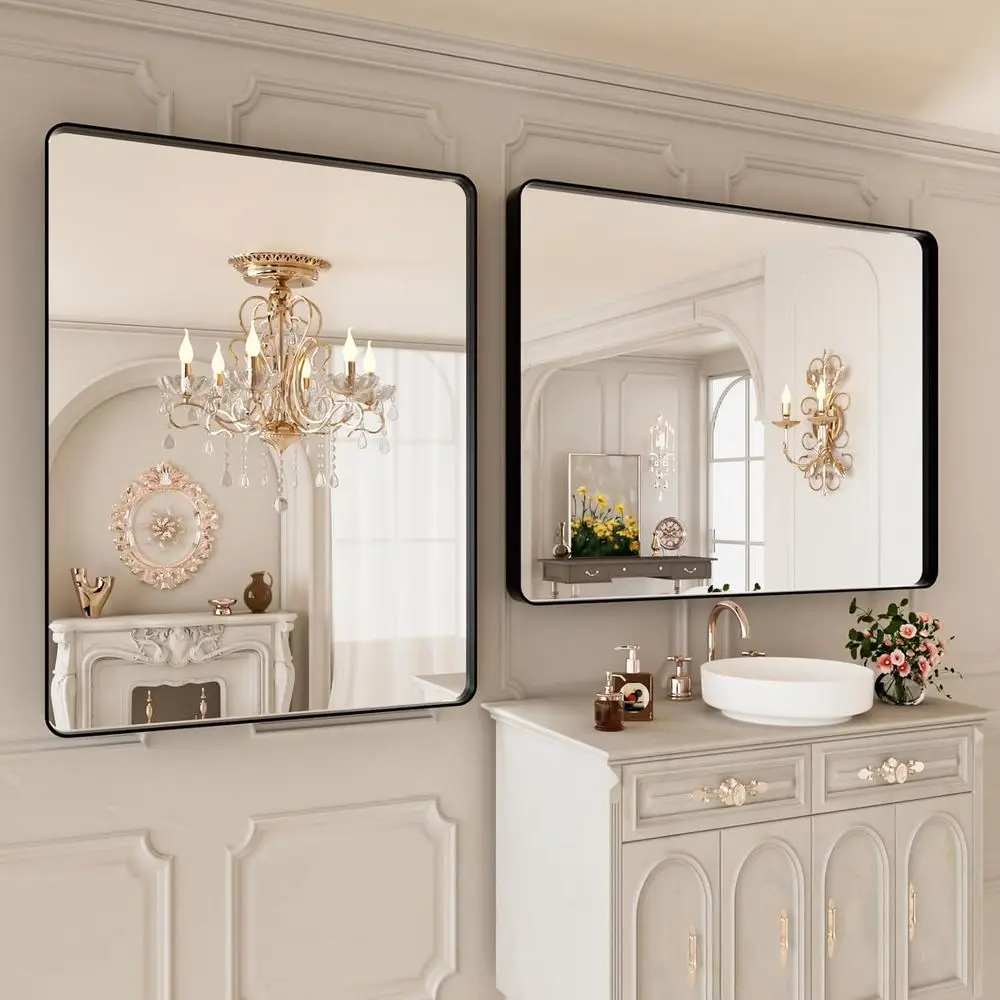 Afgeronde rechthoekige make-upspiegel met zwart metalen frame, 40x38, gehard glas, boerderijstijl, roestbestendig, hangt horizontaal of