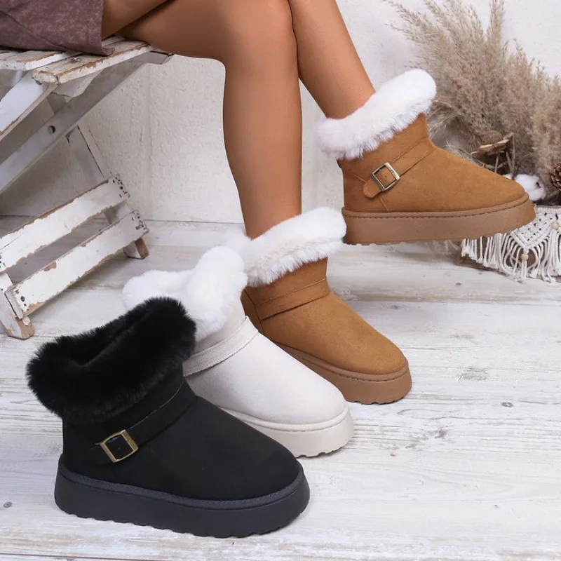 

2025 Women's Short Snow Boots, Plush Lined Slip-On Ankle Boots with Buckle, Warm Thick Winter Fashion Booties