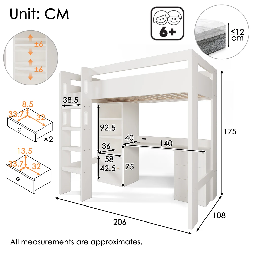 Kinderbett, Hochbett mit USB-C-Schreibtisch, Kleiderschrank, Aktenschrank, Jugend-Einzelbett mit Treppe und Gitter, ohne Matratzenraum – Detail 2