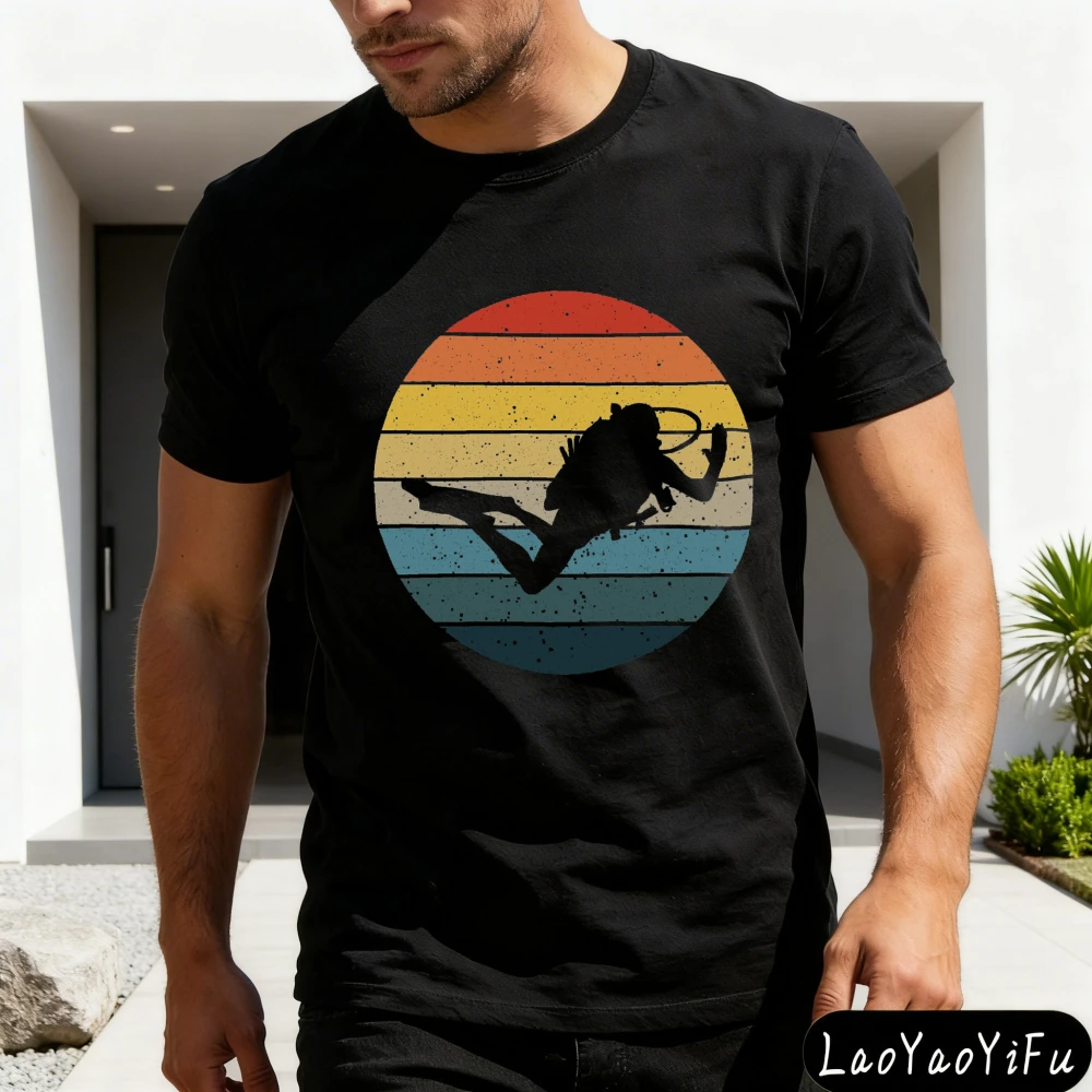 Diver Silhouette Sunset Pattern Summer Men T-Shirt Casual Vintage Style Tops Beach Vacation Outfit Gift for Diving Enthusiasts