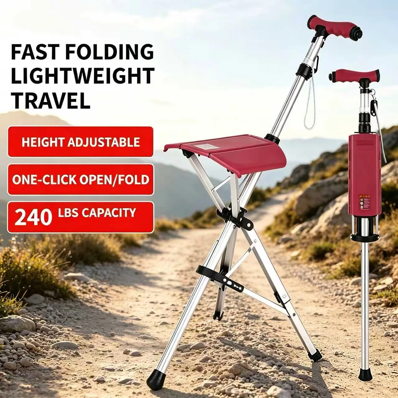 Height Adjustable Foldable Cane Seat One-Click Fold 240 LBS Lightweight Portable Walking Chair Outdoor Hiking Trip For Seniors
