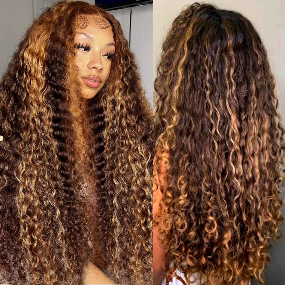 Perruque Lace Front Wig frisée naturelle ombrée, cheveux humains, Deep Wave, brun miel, 13x6, 13x4, à reflets, densité 250, 30 pouces