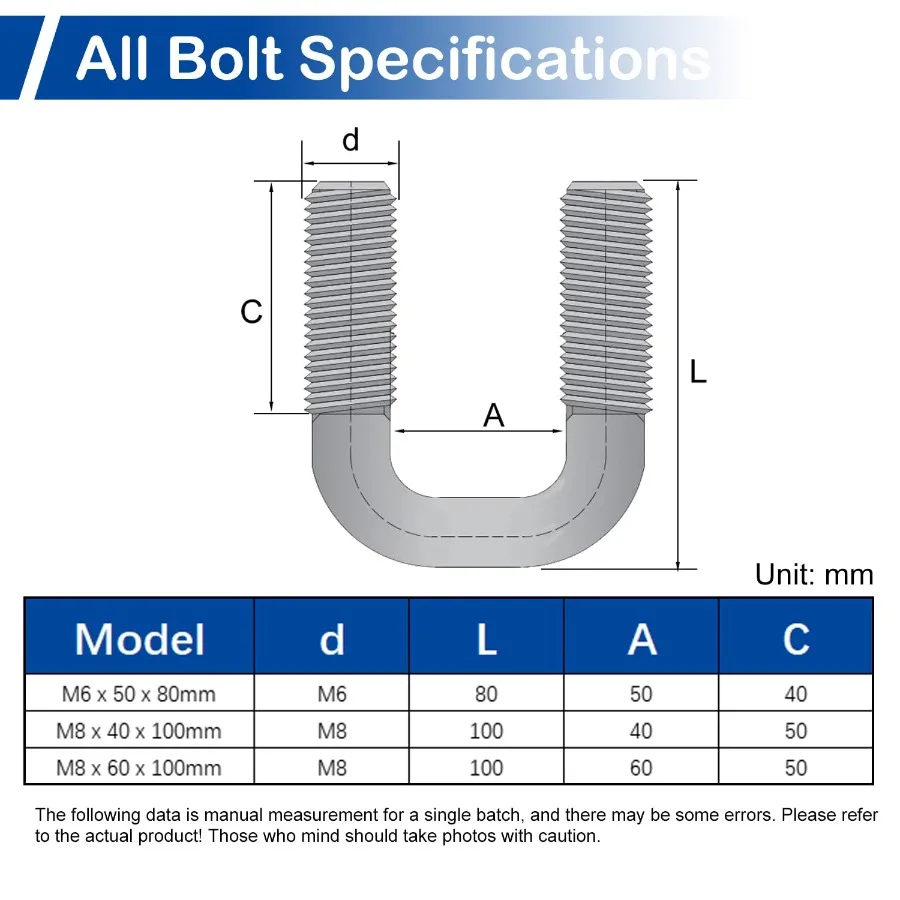 4 pezzi quadrati UBolts 11 2 "larghezza interna M8 x 40 x 100 mm UBolts in acciaio inossidabile 304 con piastre telaio e dadi 3,94" lunghezza per Aut