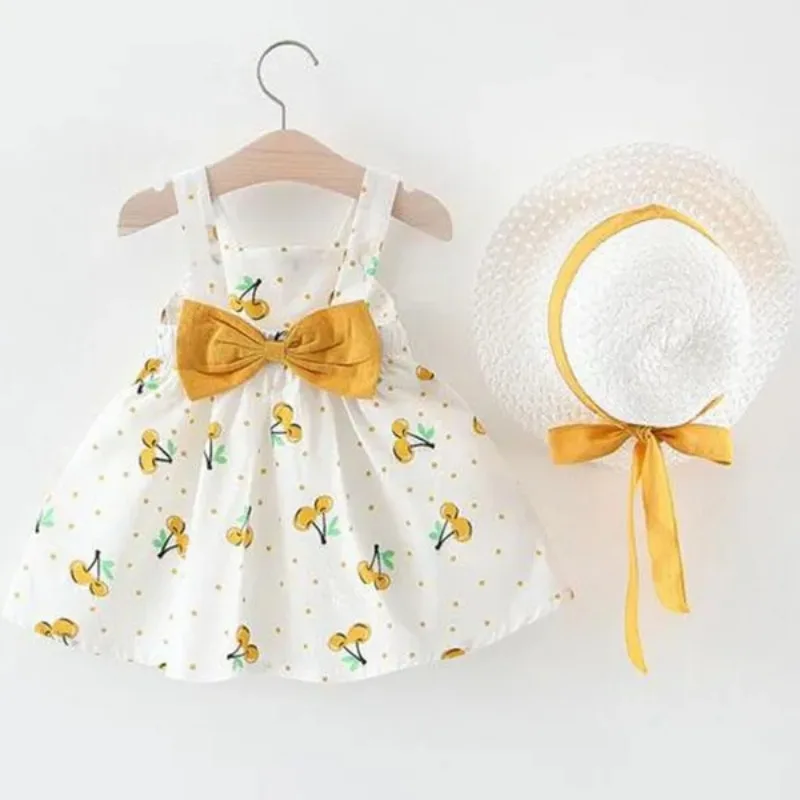 1Pc Kids Girl Summer Sleeveless Dress Cute Print Bow Casual Dress with Straw Hat