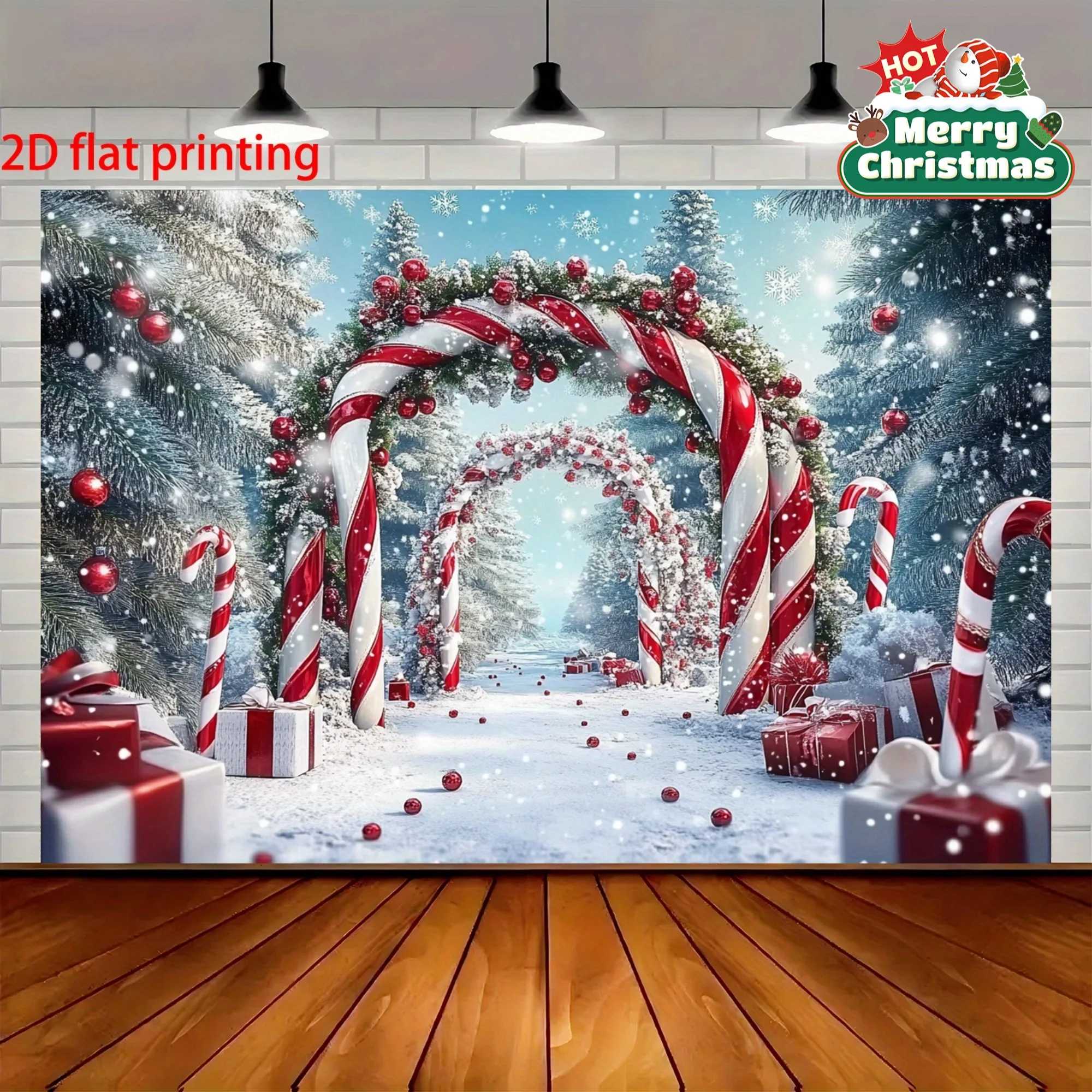 1 Piece Pink Winter Wonderland Background Tapestry Christmas Decoration with Candy Cane Christmas Tree and Snowy TrailHome Decor