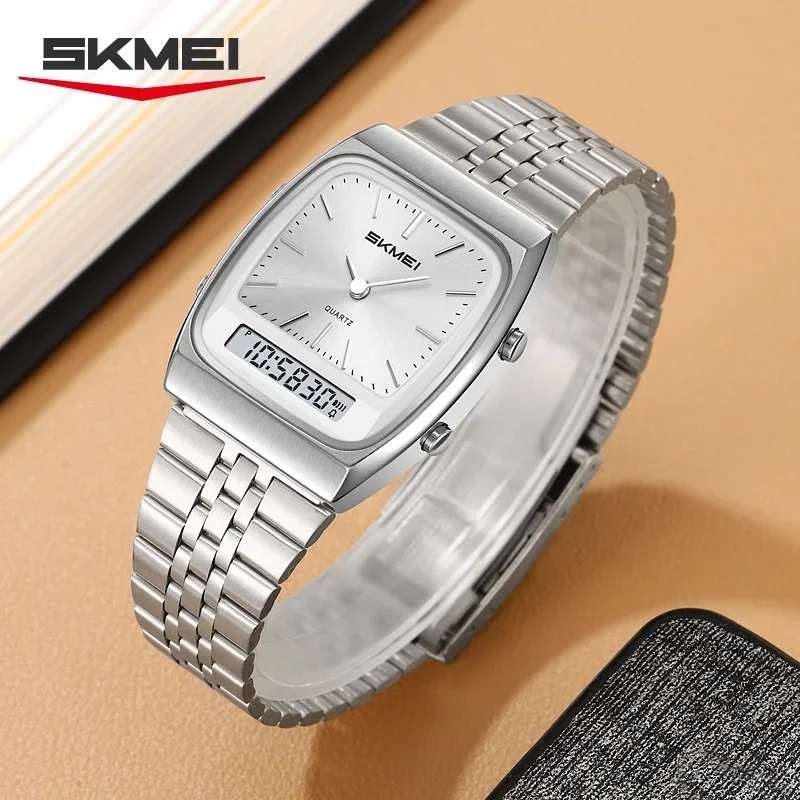 SKMEI 2585 Watch Simple Casual Men's Luxury Digital Quartz Electronic Watch Dual Display Stainless Steel Strap Sports Men's