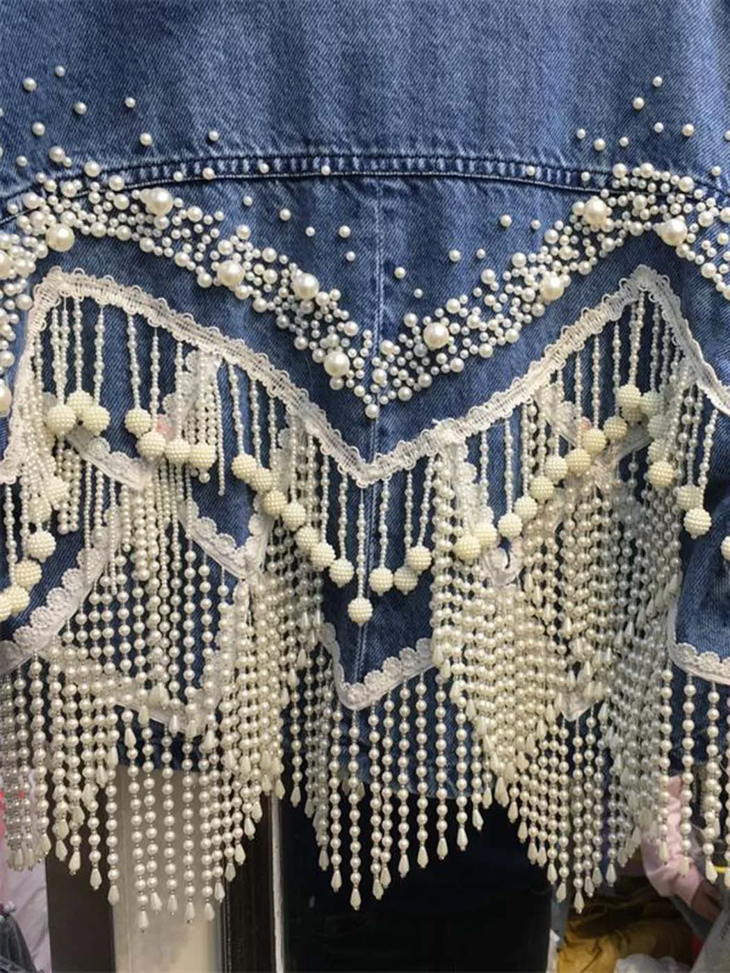 TEELYNN Vintage Beading Tassel Denim Jacket for Women Casual Lapel Long Sleeve Autumn Coats 2022 Loose Boho Pearl Jean Outwear