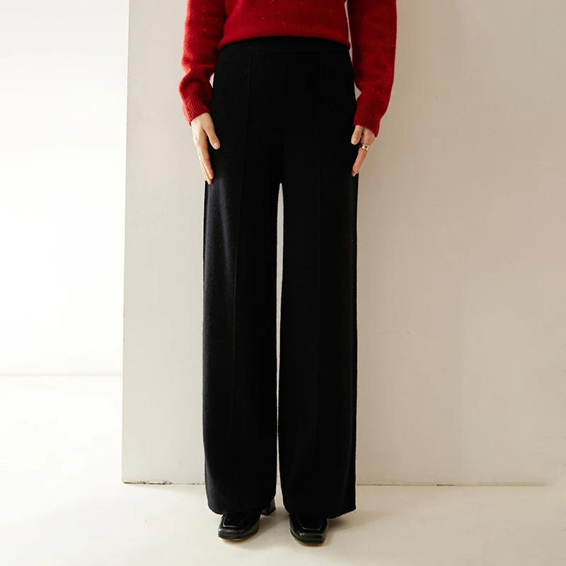 

MEETCC Women's 100% Cashmere Pants Autumn Winter High Waisted Loose Wide Leg Trousers Soft Warm Casual Loose Pants