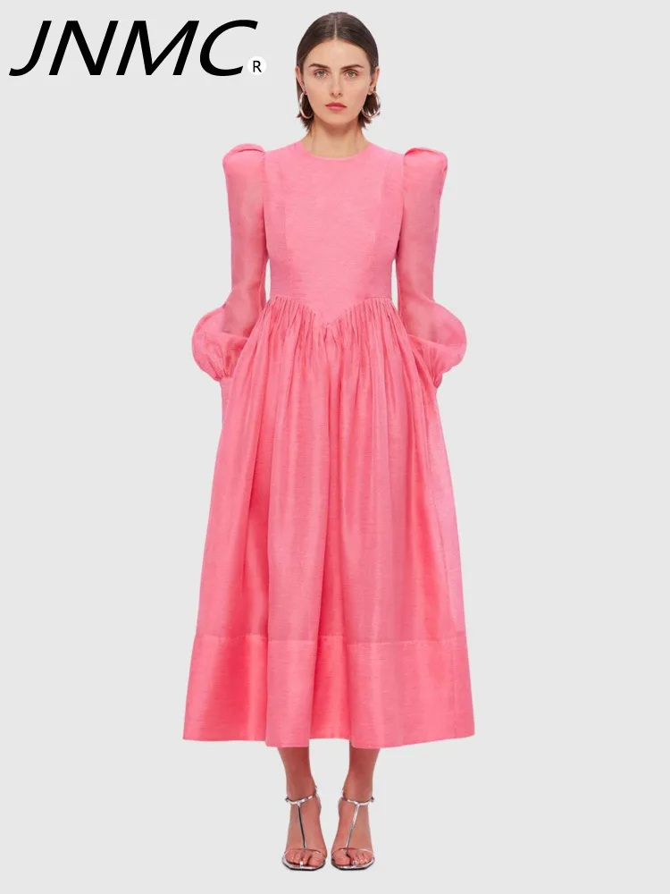 

JNMC Women's Pink Simple Court Retro Style 2024 NEW Summer New Round Neck Lantern Sleeve Waist Long Solid Color Swing Dress