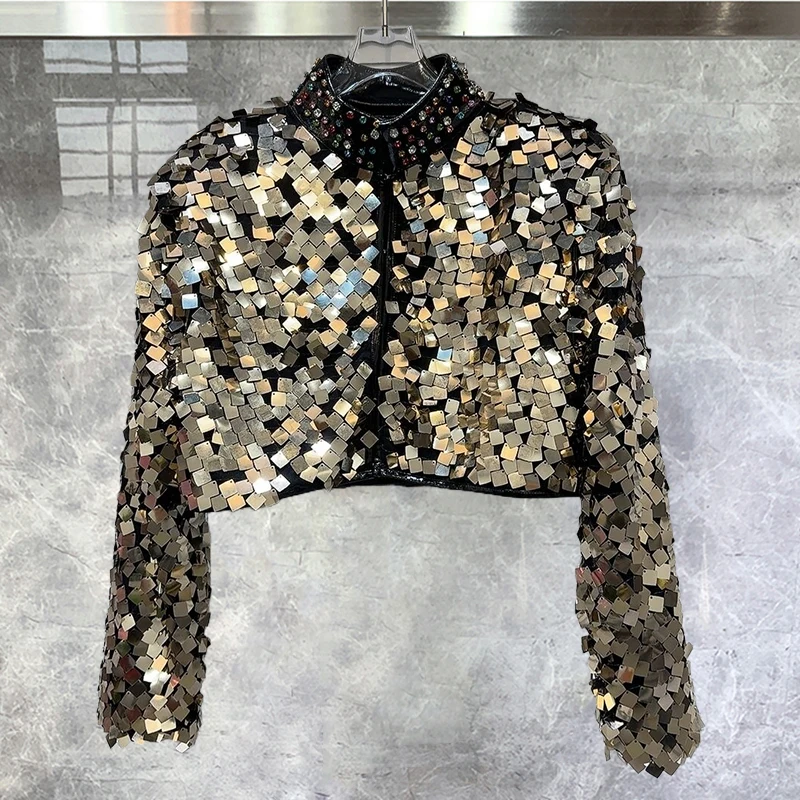 High Quality European American Heavy Industry Color Gradient Sequins Women's Coat High Quality Hot Diamond Stand Collar Jacket