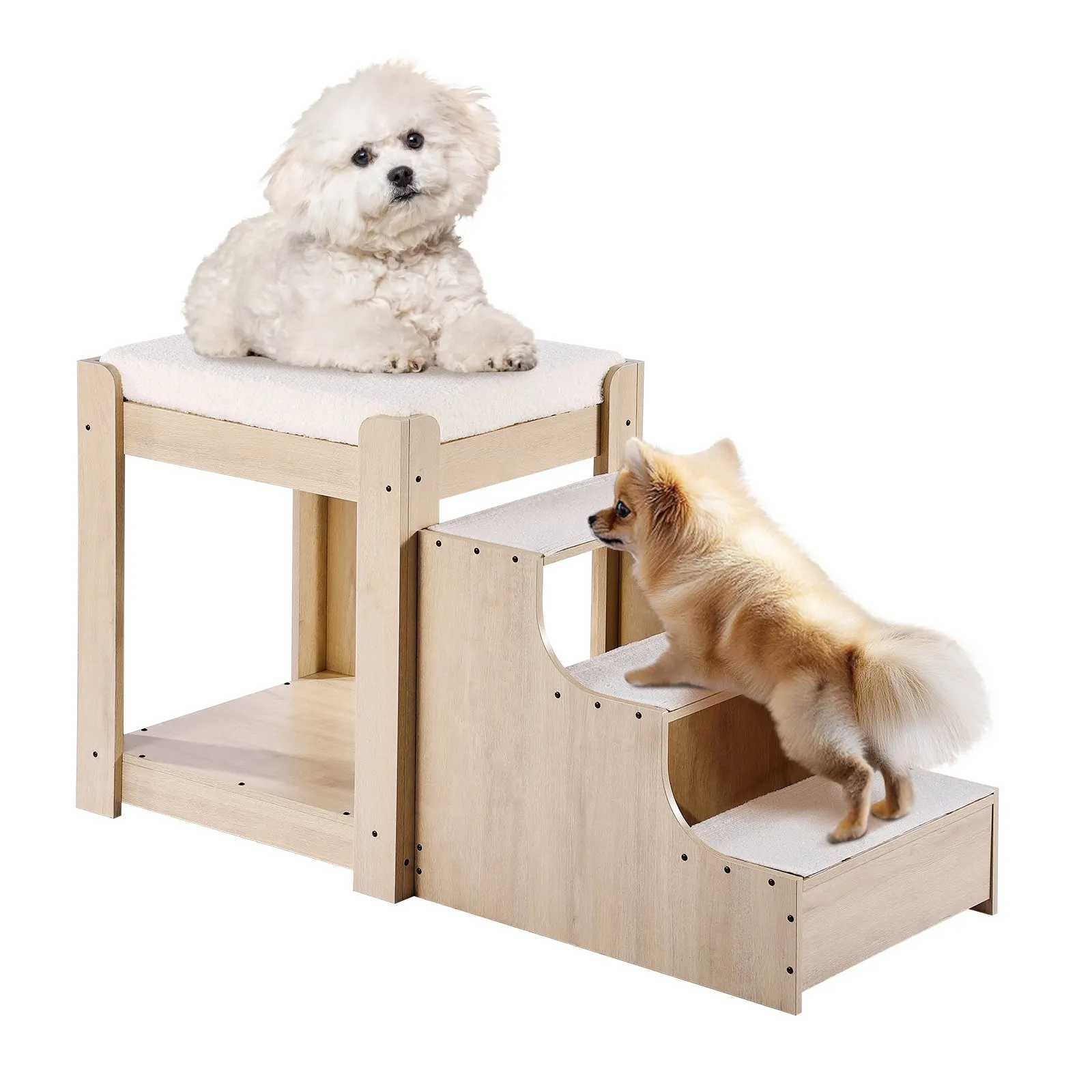 Lit superposé pour animaux de compagnie avec escalier, perchoir de fenêtre pour chien/chat, lit multi-niveaux pour fenêtre, lit de chevet pour chien, plateforme surélevée avec coussin en mousse, canapé-lit pour animaux de compagnie pour utilisation intérieure au chevet (Beige)