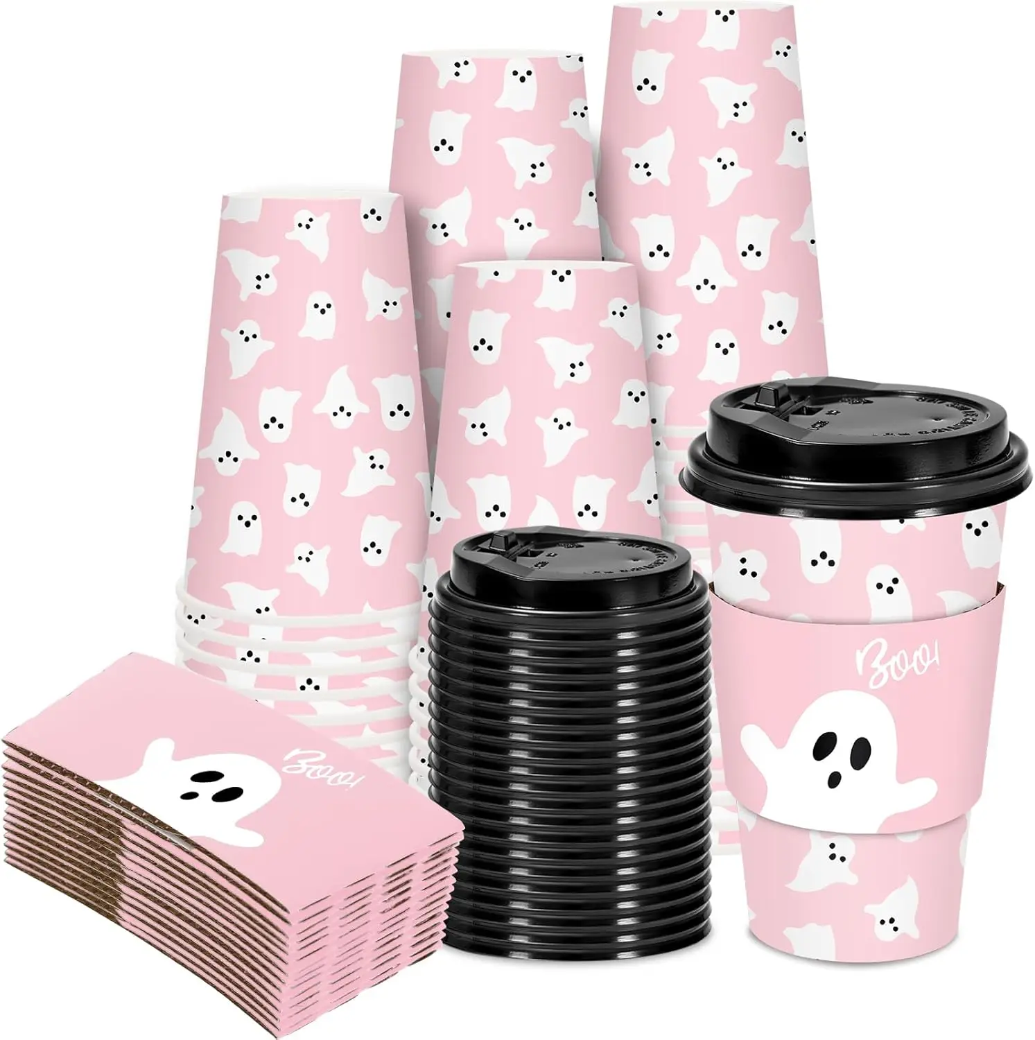 

50 Sets Halloween Ghost Coffee Cups with Lids and Sleeves 16oz Pink Cute Ghost Boo Paper Cups Disposable To Go Coffee Cu