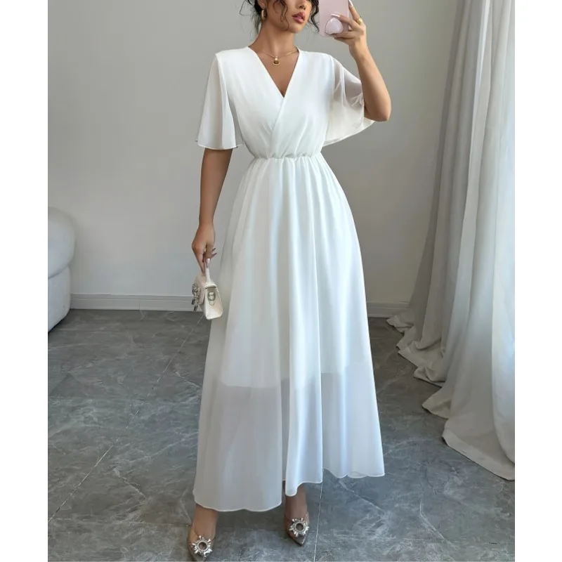 

Elegant Temperament Short Sleeve A-line Dresses Women's Fashion Solid Color Holiday Belted Vestidos Casual V Neck Midi Sundress