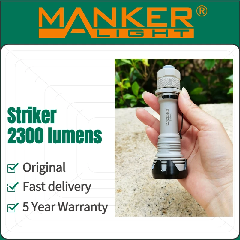 Manker Striker 2300 Lumens Rechargeable Tactical Flashlight 500M Beam Distance Torch Light with 18650 Battery for Emergency