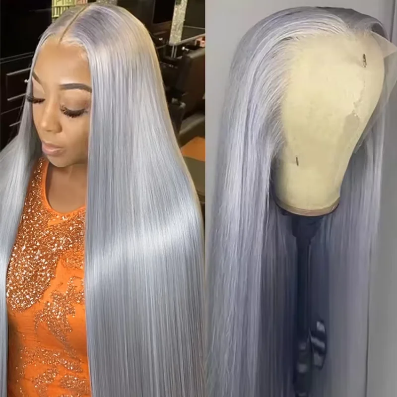 

Silver Grey Straight Lace Front Wig Human Hair Colored HD Transparent 13x4 13x6 Lace Frontal Wig for Women Preplucked 220Density