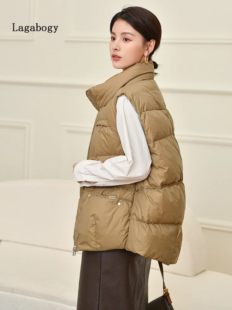 

White Lagabogy 2023 Women Autumn Winter 90% Duck Down Vest Female Short Casual Waistcoat Stand Collar Zipper Warm Sleeveless