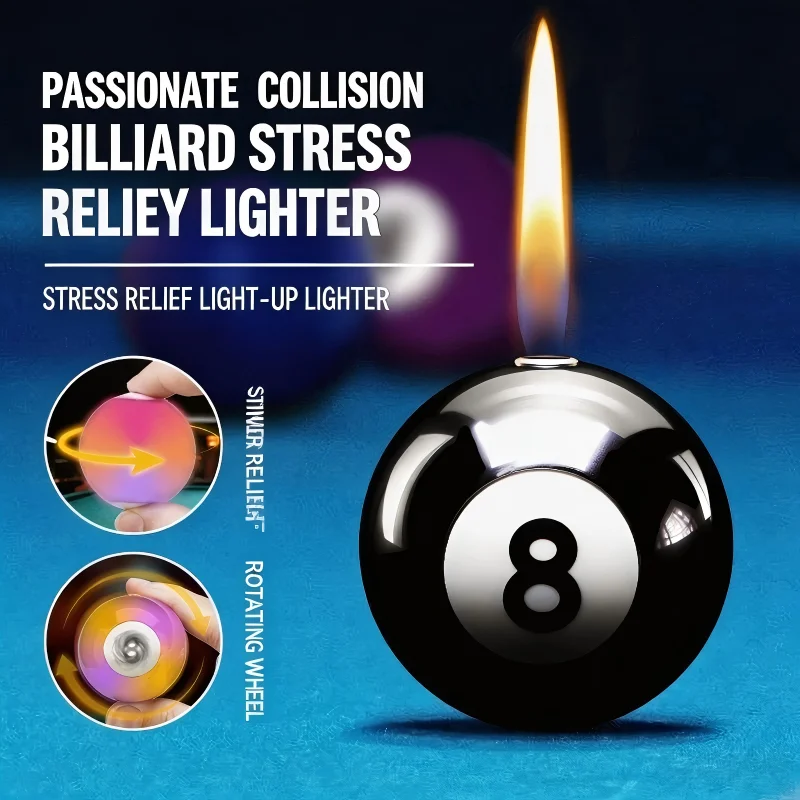 New Creative Light Black 8 Billiard Lighter Open Flame Spinner Stress Relief Lighters, Refillable Butane Camping Igniter