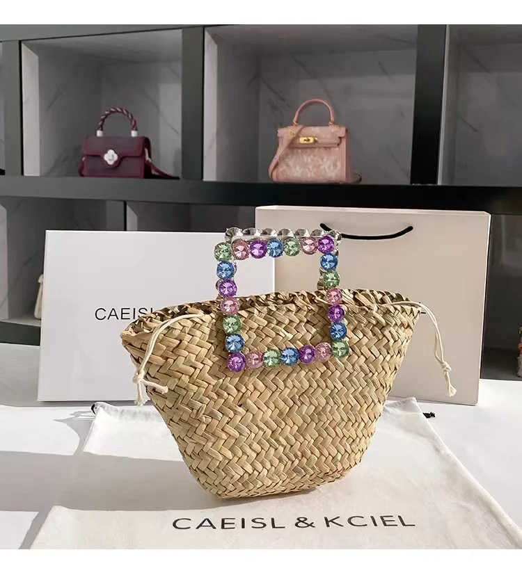 Summer Straw Woven Handmade Handbag Women Bucket Bag Crystal Shiny Rhinestone Diamond Tote Bag Female Holiday Vacation Beach Bag