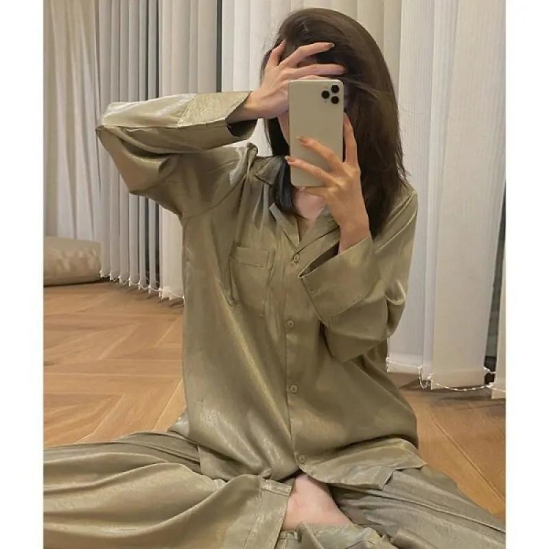 Women\'s Pajamas Sets Spring Autumn 2 Piece Pocket Pyjama Faux Silk Satin Sleepwear Long Sleeve Button Pijama Mujer Pjs Homewear