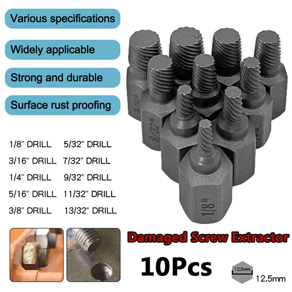 10 Pcs Screw Extractor Alloy Steel Damaged Easy Out Drill Bits Broken Damaged Bolt Stud Remover Set Multi-Spline Screw Extractor