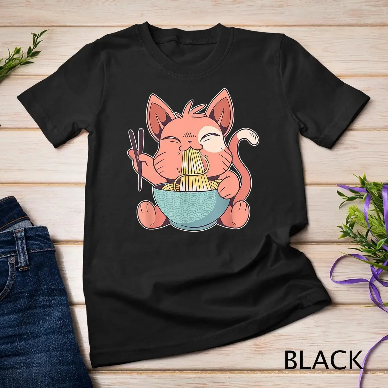 Cute Anime Cat Eating Ramen Japanese Kawaii Style T Shirt  vintage Washed Slightly Unisex Soft Casual homme Comfortable graphic