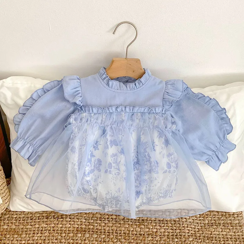 2025 New Spring 0-24M Children Clothes Infant Baby Girl Bodysuits Long Sleeved Cotton Print Mesh Splicing Newborn Baby Jumpsuit