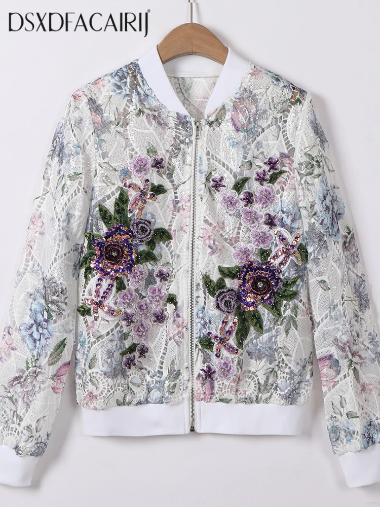 

DSFACAIRIJ Women's Sequins Embroidery Appliques Jacket O-Neck Long Sleeve Hollow out High Street Early Autumn Fashion Female Top