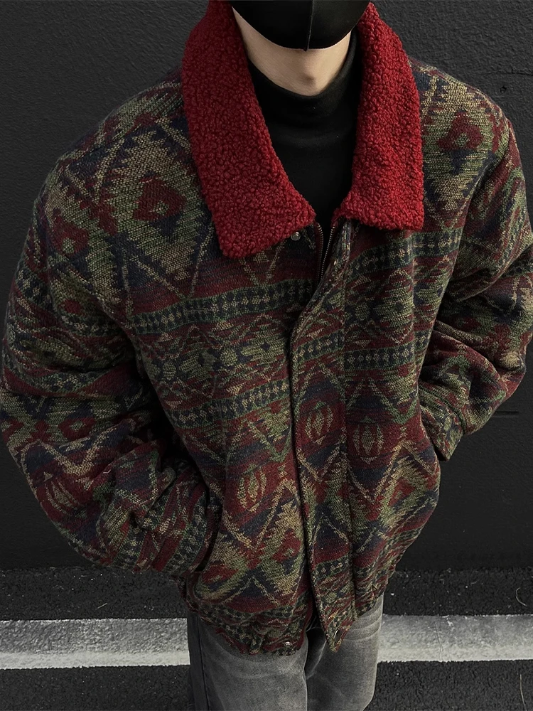 

Men's Loose Fit Lamb Fur Jaet Winter Warm Color Blo Cotton Clothes Retro American Sle High End Feel Tassel Zipper Closure