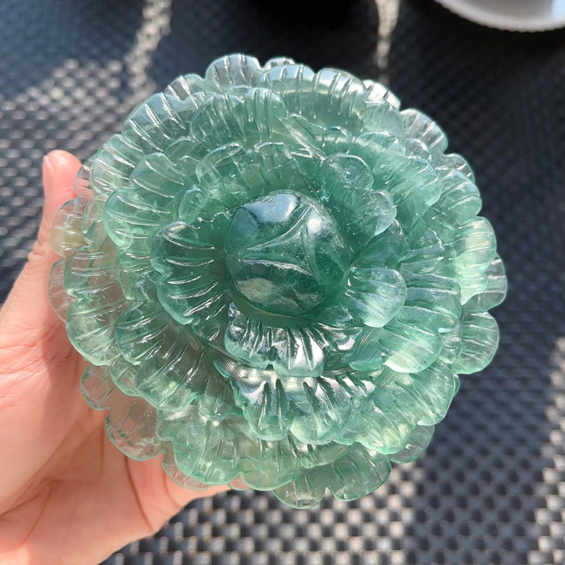 Natural Green Fluorite Protection Flower Carving Artwork Polished Quartz Crystal Rock Gemstone Plant Sculpture Mineral Specimen