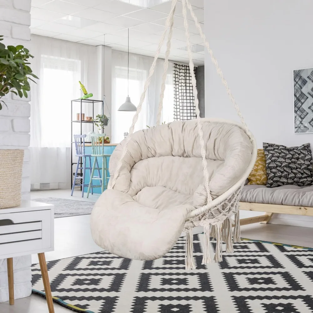 Hammock Chair with Cushion, Handmade Macrame Swing Chair with Hanging Hardware Kits