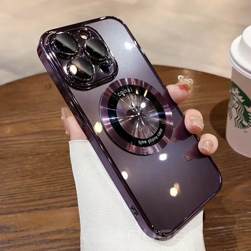 Caixa magnética magsafe para o iphone da maçã, carga sem fio, tampa transparente do telefone, chapeamento luxuoso, 15, 14 mais, 13, 12, 11 pro max