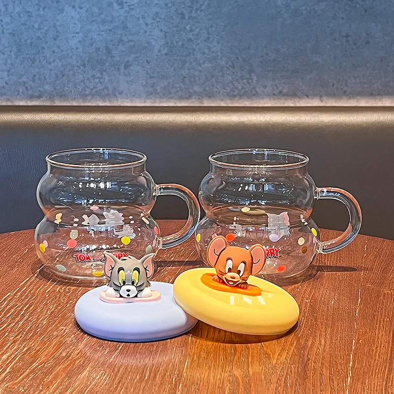 Tom and Jerry Cute Cartoon 650ML Glass Handle Cup Kawaii Periphery Water Cup Lovely Home Decor Adorkable Tabletop Decoration Gif