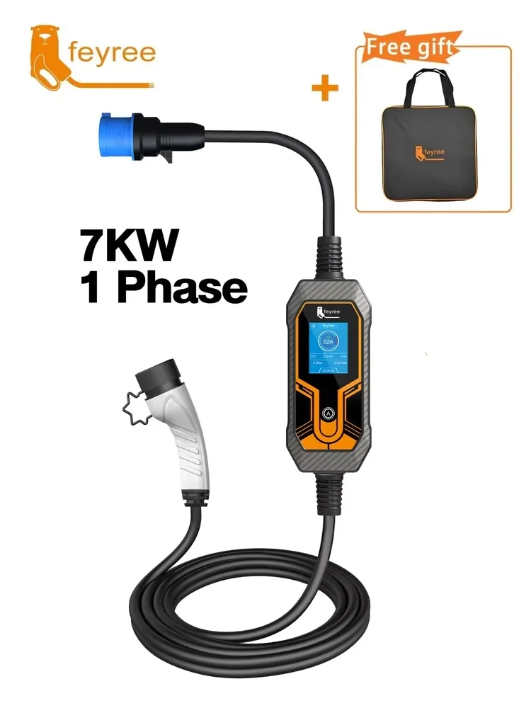 Feyree Tragbares EV-Ladegerät Wallbox Typ2 7kW 32A 1-Phasig 5m Kabel CEE-Steckdose EVSE-Ladebox für Elektrofahrzeug-Autoladegerät