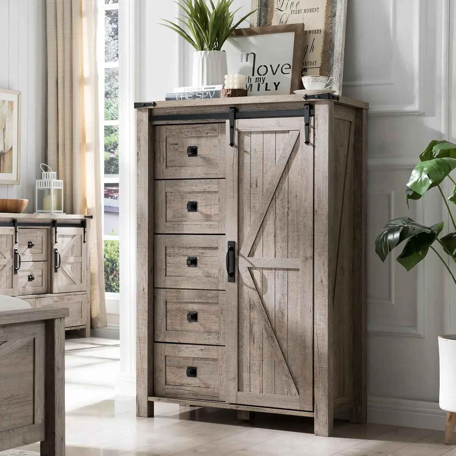 5 Drawers Dresser for Bedroom w/Sliding Barn Door, Farmhouse Modern Tall Dresser 5 Chest of Drawers, Storage Organizer