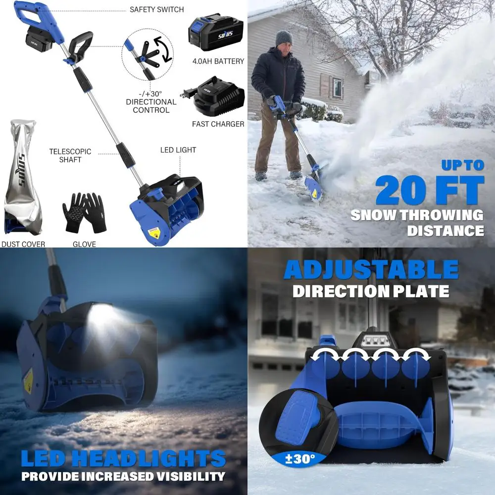 

12-Inch Cordless Electric Snow Shovel with Directional Plate, LED Light, 4.0Ah Battery, Charger, and Cover for Driveways and Sid