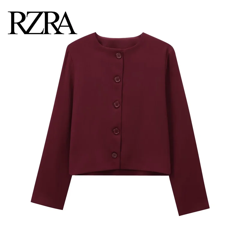 RZRA2024 autumn and winter new women\'s clothing solid color simple round neck long sleeve straight short jacket casual versatile