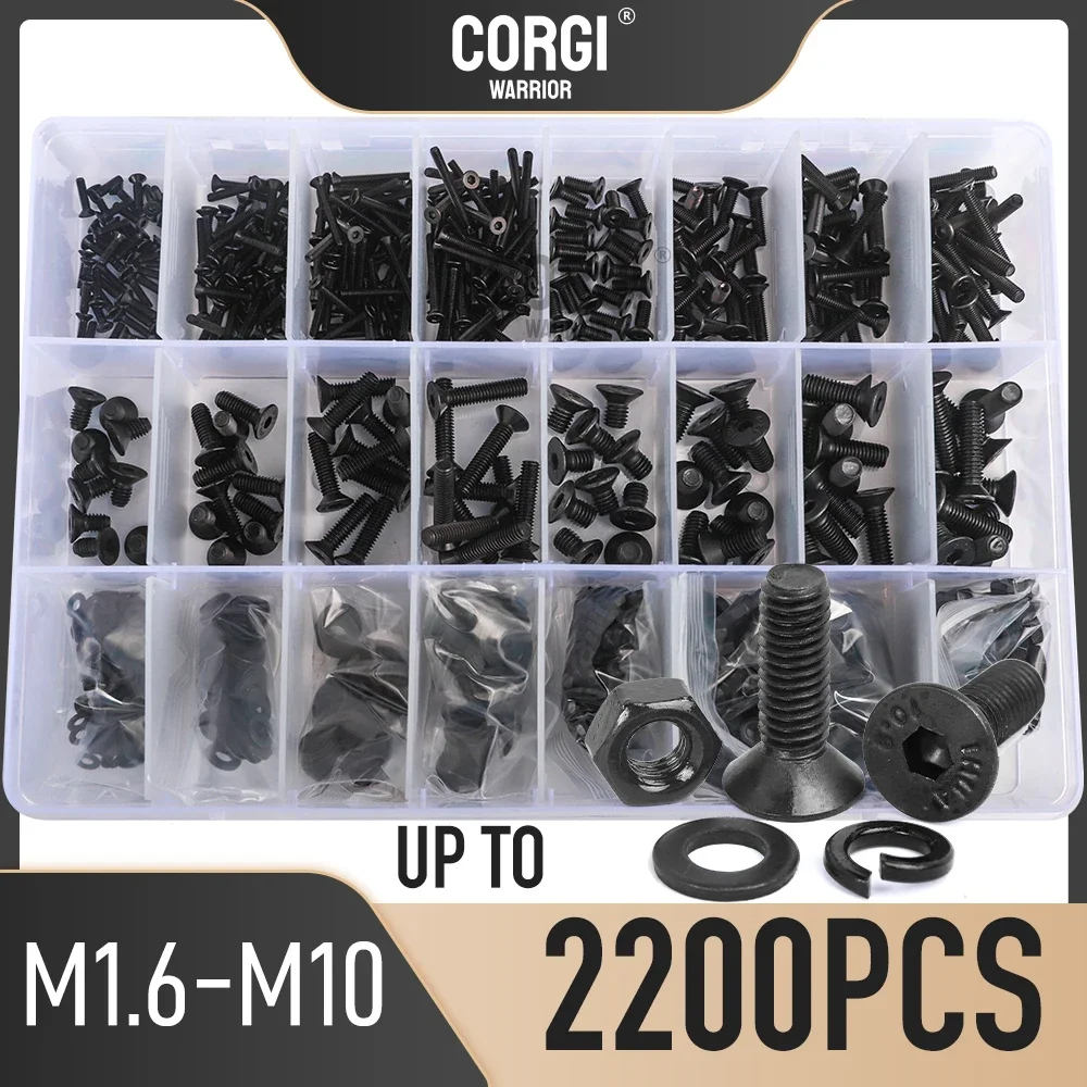 Up to 2200 Hex Socket Flat Head Cap Screws Nuts Assortment Kit Metric M1.6 M2 M2.5 M3 M4 to M10 Black 10.9 Alloy Steel L 4-50mm