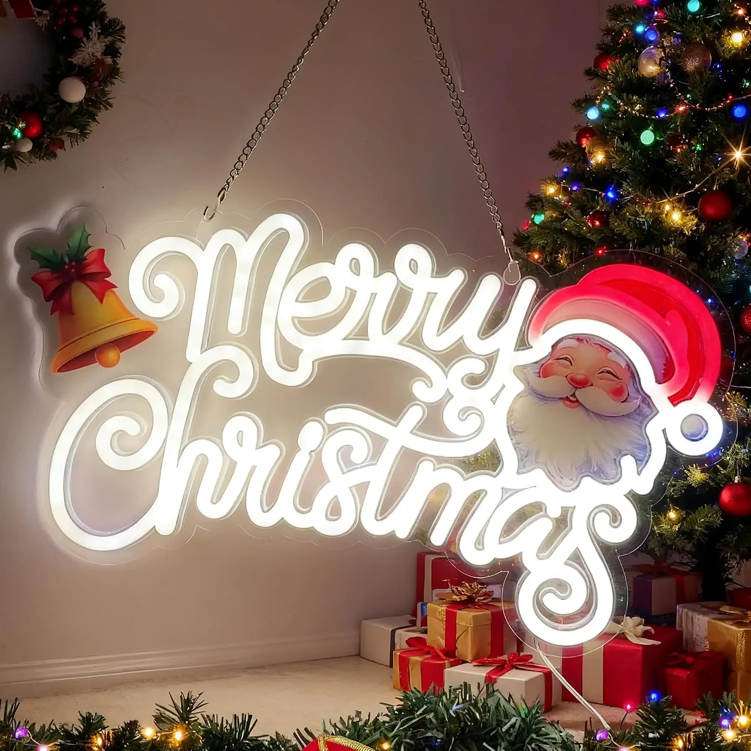 Merry Christmas Neon Sign Santa Claus Bell LED Neon Light Xmas Party Game Room Bedroom Home Decor Christmas Gift USB Powered