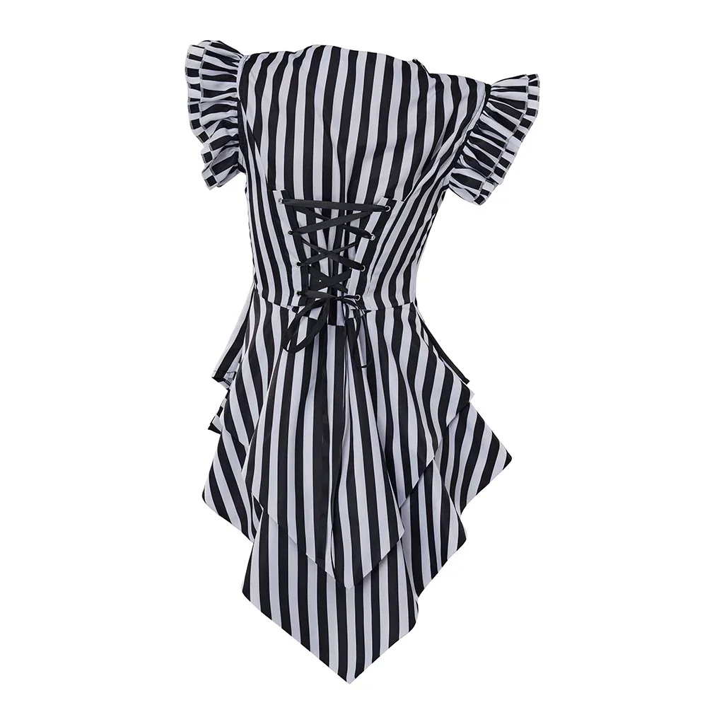 Halloween Costume Women Gothic Steampunk Coat Striped Lapel Collar Jacket Victorian Punk V Neck Flying Sleeve Jacket Tops Daily