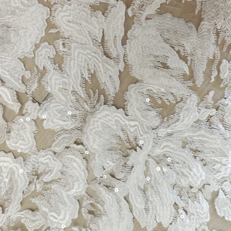 Off White Embroidered Thickening Big Flower Fabric, Handmade DIY Wedding Dress Bridal Dress Sewing Lace Fabric RS4548