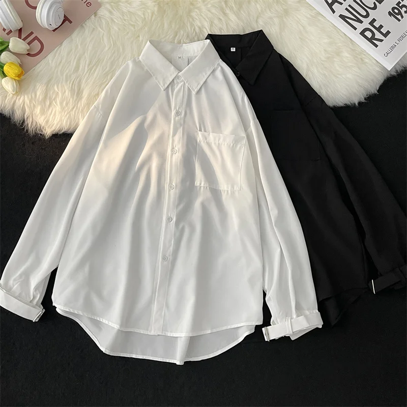 

Loose Fit Long Sleeve Ice Silk Thin Casual Shirt Men's Pure Color Korean Style Summer Fashion Outerwear Youth Popular White